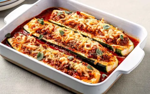 Herzhafte Zucchini-Schiffchen, gefüllt mit Hackfleisch und Tomatensauce, überbacken mit geschmolzenem Käse und garniert mit frischen Kräutern.