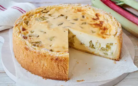 Ein saftiger Rhabarberkuchen, schnell gebacken und mit Puderzucker bestäubt. Daneben liegen frische Rhabarberstangen.