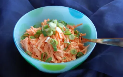 Karottensalat mit cremigem karottensalat dressing und Frühlingszwiebeln in einer bunten Schüssel.