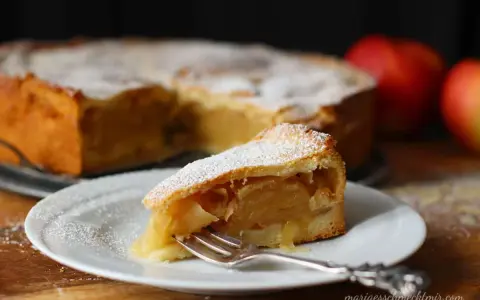 Ein Stück gedeckter Apfelkuchen mit Puderzucker bestäubt, auf einem Teller mit einer Gabel. Im Hintergrund der ganze Kuchen und Äpfel.
