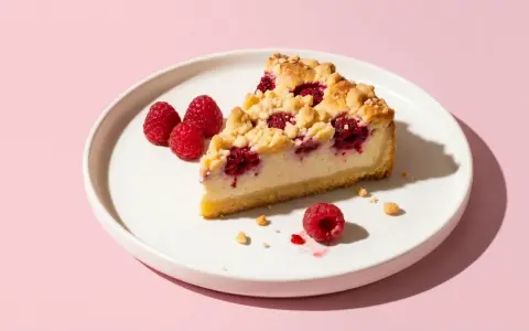 Ein Stück Himbeer-Käsekuchen mit Streuseln auf einem Teller. Perfekt für leichte magerquark rezepte.