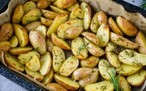 Goldbraune, knusprige rosmarin kartoffeln, frisch aus dem Ofen, duften verführerisch.