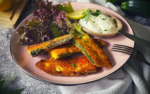 Knuspriges Zucchini-Schnitzel auf rosa Teller, serviert mit Dip, Salat und Zitrone. Ein Genuss für jeden Tag!