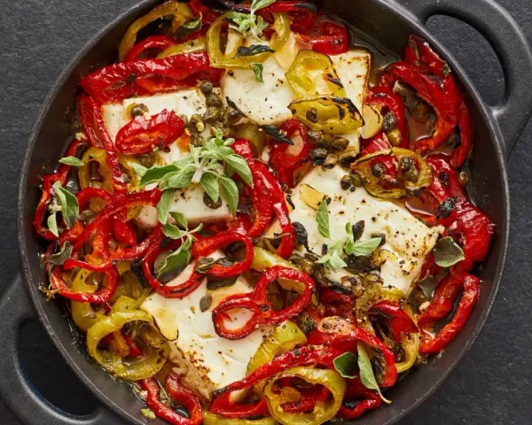 Gebackener Feta mit bunten Paprikastreifen, Kapern und frischen Kräutern in einer gusseisernen Pfanne.