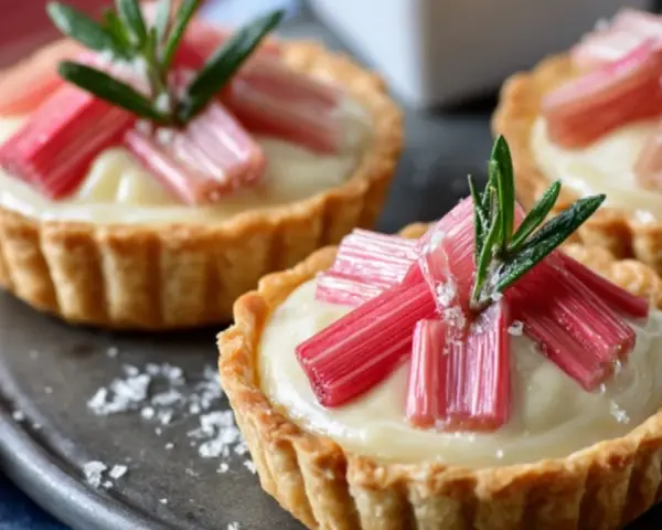 Drei kleine Rhabarber Tartelettes mit cremiger Füllung und frischen Rhabarberstücken, garniert mit Rosmarin.