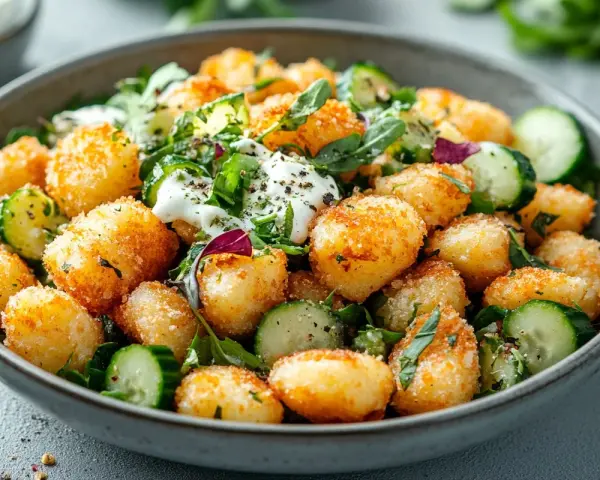 Knuspriger Gnocchi Salat mit Gurkenscheiben, frischen Kräutern und einem cremigen Dressing. Ein köstliches Gericht, das Lust auf mehr macht.