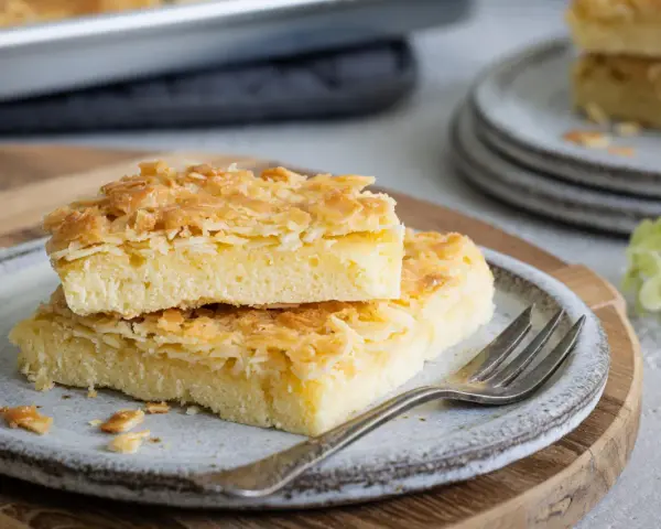 Zwei Stücke saftiger Butterkuchen mit knuspriger Mandelkruste auf einem Teller, bereit zum Genießen. Ein köstliches butterkuchen rezept.