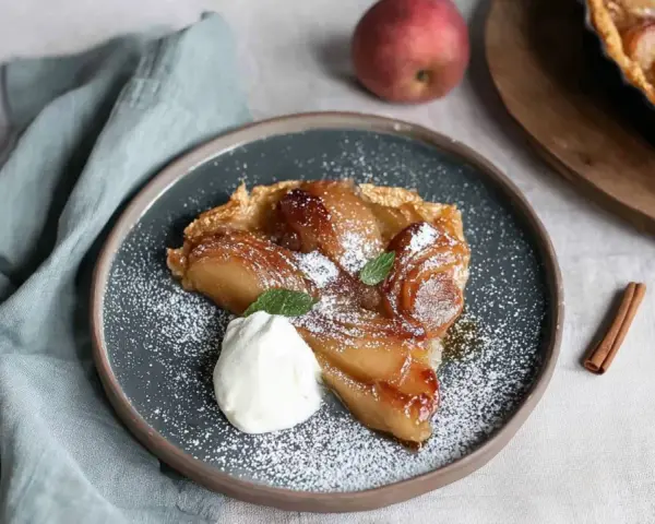 Ein Stück Quitten Tarte Tatin, bestäubt mit Puderzucker und garniert mit Sahne und Minze.