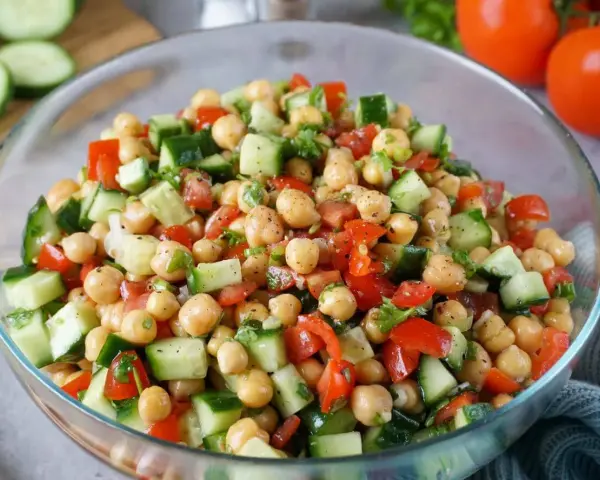 Frischer Kichererbsen Salat mit Gurken, Tomaten und Kräutern in einer Glasschüssel. Ein leichter und gesunder Genuss.