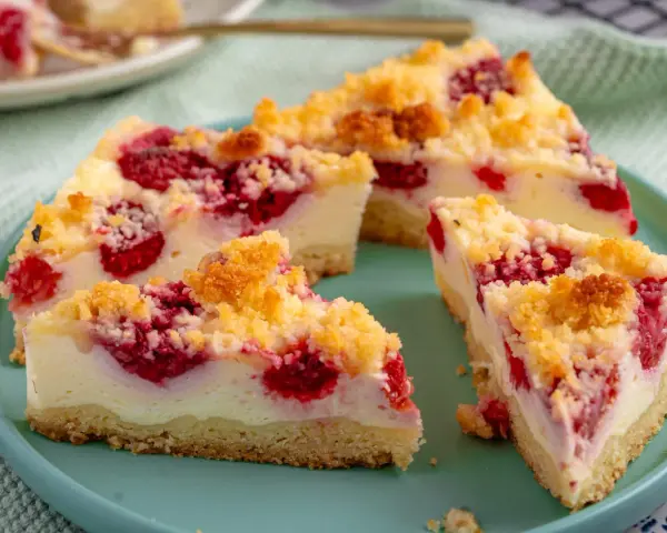 Himbeerkuchen: einfach, aber extrem lecker. Saftige Himbeeren treffen auf cremigen Käsekuchen mit knuspriger Streuselhaube.