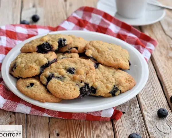 Saftige Blaubeer Cookies auf einem Teller, daneben frische Blaubeeren und eine rot-weiße karierte Serviette.