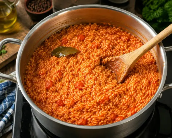 Ein Topf mit köstlichem Tomatenreis, bereit für das nächste Tomatenreis Rezept. Ein Lorbeerblatt liegt obenauf.