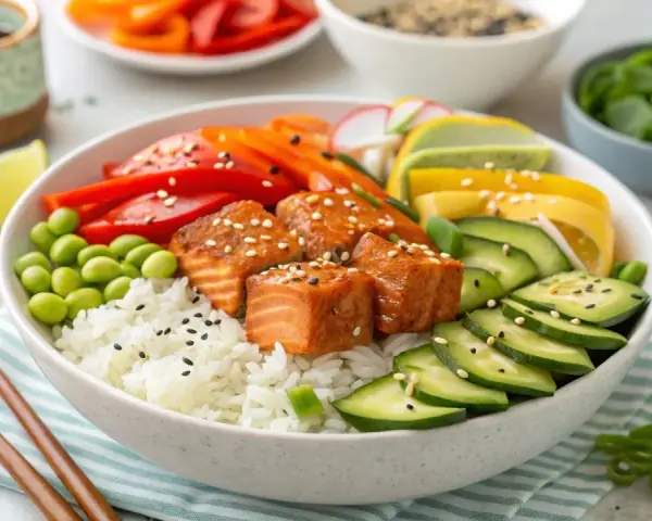 Eine bunte Lachs Bowl mit Reis, Edamame, Gurken, Paprika, Karotten und Limette.