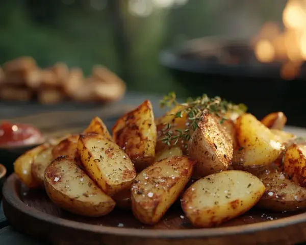 Knusprige kartoffelspalten ofen, garniert mit Kräutern, auf einem Holzteller. Im Hintergrund glüht ein Grill.