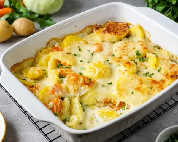 Ein köstlicher vegetarischer Auflauf mit Kartoffeln, Karotten und Erbsen, überbacken mit Käse und garniert mit Petersilie.