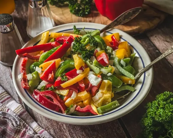 Bunter Paprika Salat mit frischer Petersilie, serviert auf einem rustikalen Holztisch.