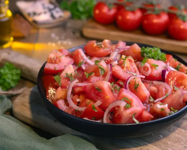 Frischer Tomatensalat mit roten Zwiebeln und Petersilie, serviert in einer schwarzen Schüssel. Das Tomatensalat Dressing ist leicht und würzig.
