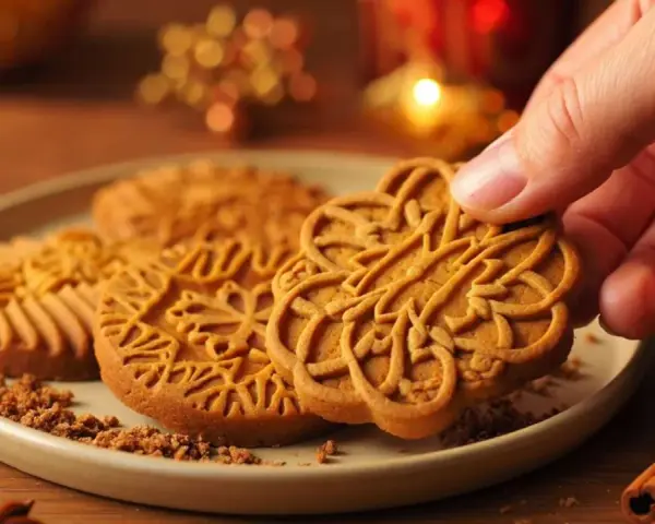 Ein Finger greift nach einem kunstvoll verzierten Spekulatius. Selbstgemacht schmecken diese Plätzchen am besten!