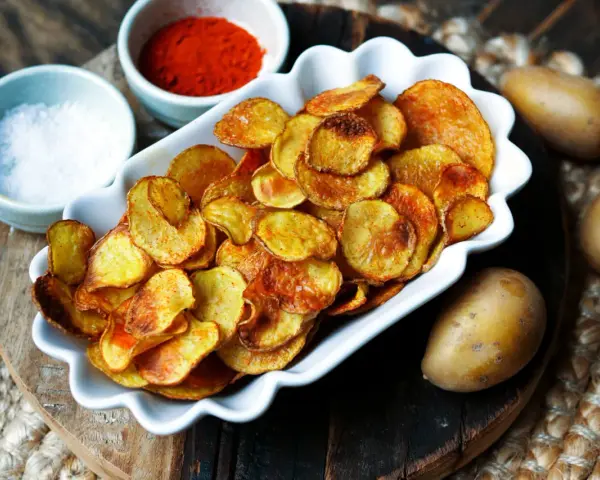 Selbstgemachte Kartoffelchips, goldbraun und knusprig, mit Salz und Paprikapulver daneben. So einfach kannst du Chips selber machen!