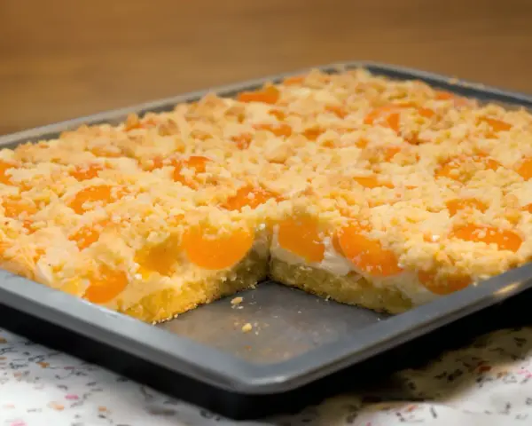 Ein saftiger Quark Streuselkuchen mit Aprikosen, frisch aus dem Ofen.
