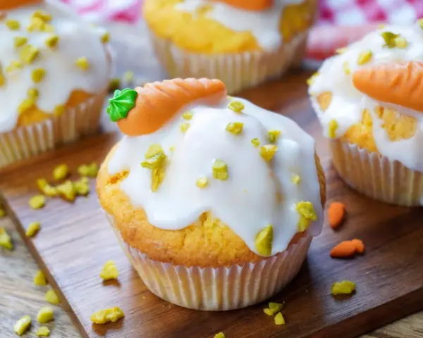 Leckere Karotten Muffins mit weißer Glasur und Marzipan-Karotten, bestreut mit gehackten Pistazien.