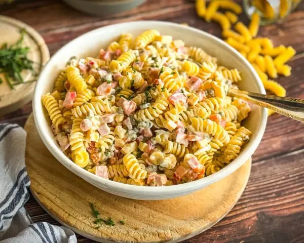Ein cremiger, sommerlicher Nudelsalat mit Spiralnudeln, Schinkenwürfeln und Erbsen, garniert mit frischen Kräutern. Perfekt für warme Tage!