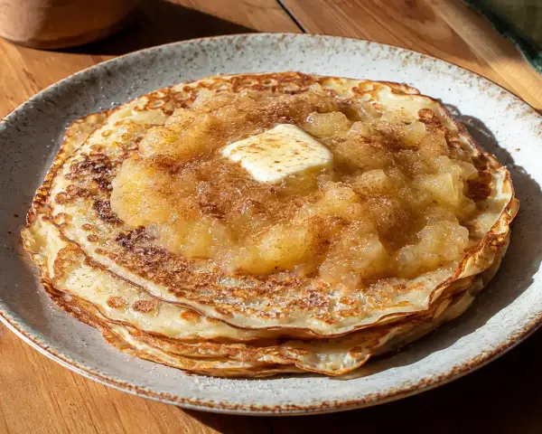 Ein Stapel goldbrauner Pfannkuchen, belegt mit Apfelmus, Zimt und einem Stück Butter. Ein köstliches Pfannkuchen Rezept für jeden Tag.