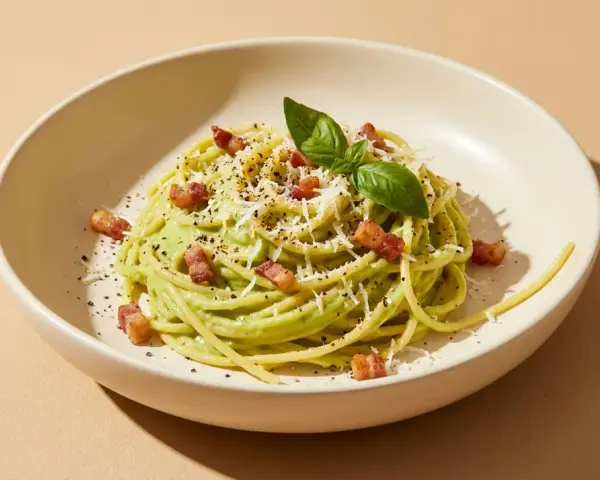 Cremige Avocado-Pasta mit knusprigem Speck, Parmesan und frischem Basilikum garniert. Ein köstliches Gericht, das Lust auf mehr macht.