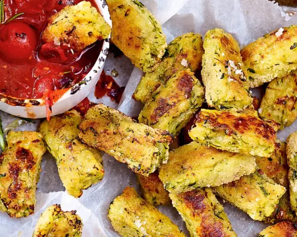 Knusprige Zucchini-Sticks aus dem Ofen, perfekt für schnelle zucchini rezepte. Dazu eine würzige Tomatensauce.