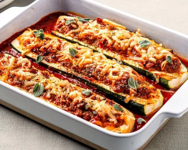 Herzhafte Zucchini-Schiffchen, gefüllt mit Hackfleisch und Tomatensauce, überbacken mit geschmolzenem Käse und garniert mit frischen Kräutern.