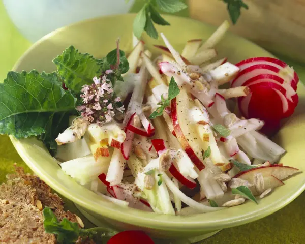 Frischer Kohlrabi Salat mit Apfel, Radieschen und Kräutern, garniert mit Sonnenblumenkernen. Ein leichter Genuss!