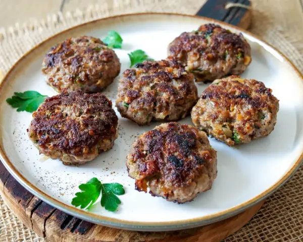 Sechs goldbraune Buletten, frisch gebraten, liegen auf einem Teller. Ein einfaches Buletten Rezept, das immer gelingt.