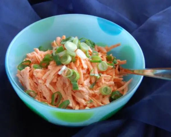 Karottensalat mit cremigem karottensalat dressing und Frühlingszwiebeln in einer bunten Schüssel.