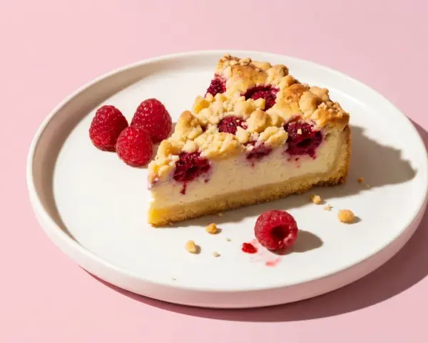 Ein Stück Himbeer-Käsekuchen mit Streuseln auf einem Teller. Perfekt für leichte magerquark rezepte.