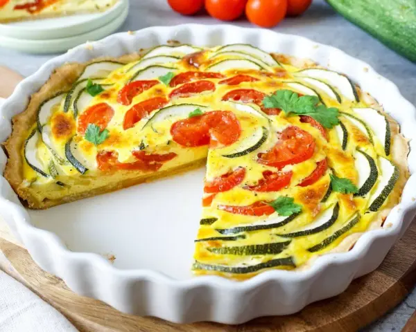Eine köstliche Zucchini-Quiche mit Tomaten und frischer Petersilie, in einer weißen Quicheform, ein Stück fehlt.