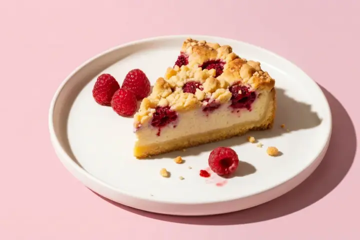 Ein Stück Himbeer-Käsekuchen mit Streuseln auf einem Teller. Perfekt für leichte magerquark rezepte.