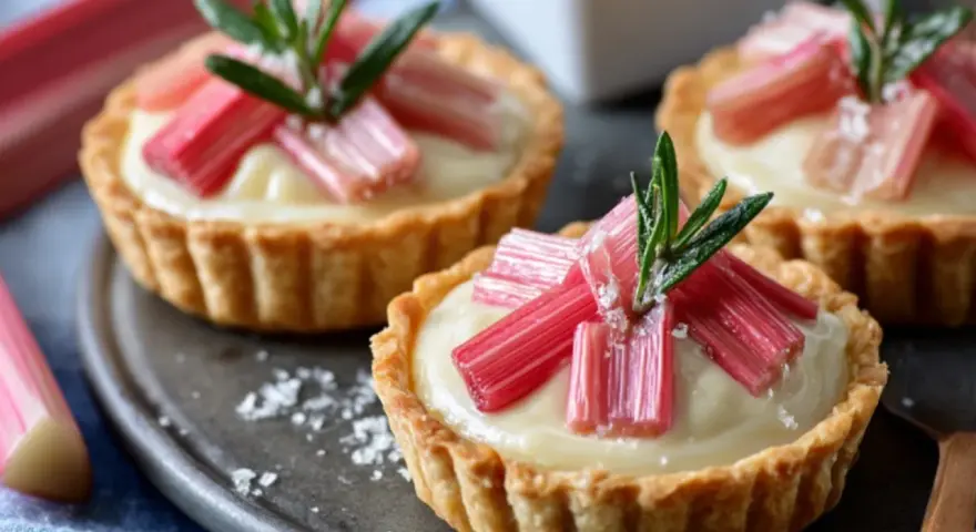 Drei kleine Rhabarber Tartelettes mit cremiger Füllung und frischen Rhabarberstücken, garniert mit Rosmarin.