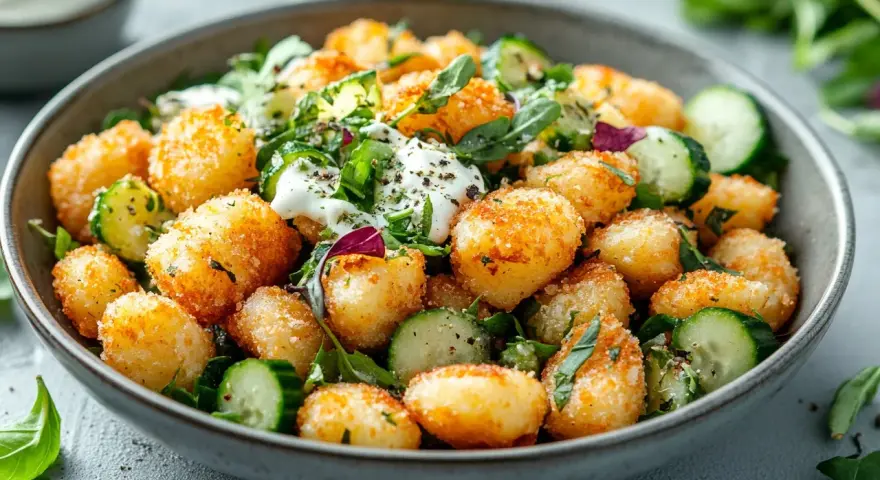 Knuspriger Gnocchi Salat mit Gurkenscheiben, frischen Kräutern und einem cremigen Dressing. Ein köstliches Gericht, das Lust auf mehr macht.