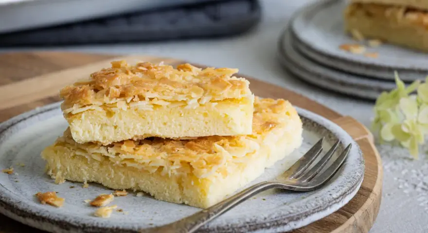 Zwei Stücke saftiger Butterkuchen mit knuspriger Mandelkruste auf einem Teller, bereit zum Genießen. Ein köstliches butterkuchen rezept.