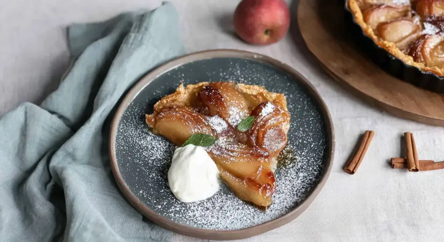 Ein Stück Quitten Tarte Tatin, bestäubt mit Puderzucker und garniert mit Sahne und Minze.