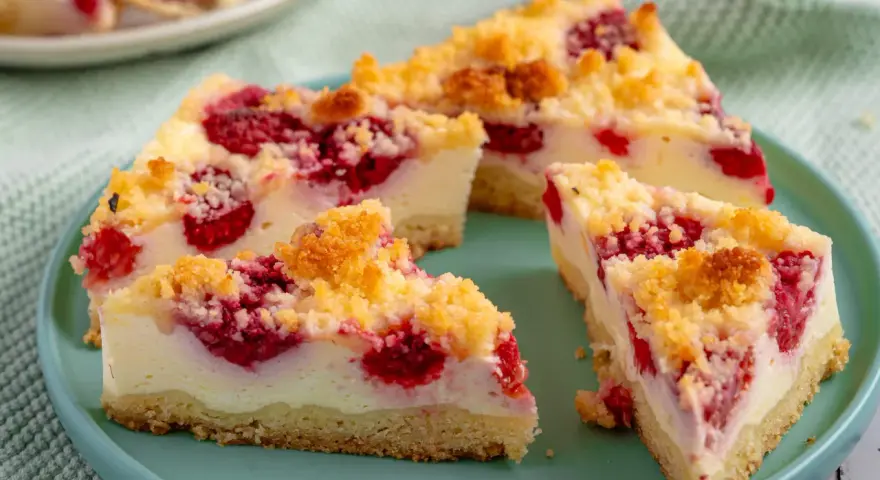 Himbeerkuchen: einfach, aber extrem lecker. Saftige Himbeeren treffen auf cremigen Käsekuchen mit knuspriger Streuselhaube.