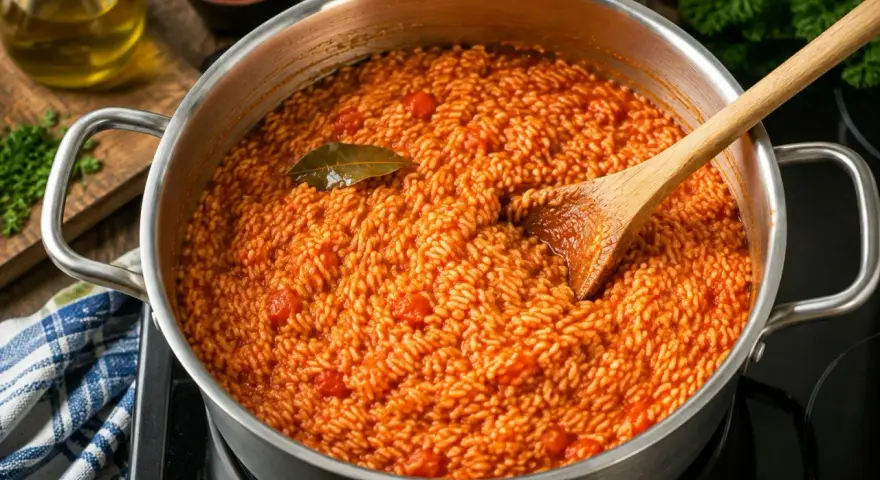 Ein Topf mit köstlichem Tomatenreis, bereit für das nächste Tomatenreis Rezept. Ein Lorbeerblatt liegt obenauf.