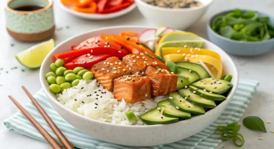 Eine bunte Lachs Bowl mit Reis, Edamame, Gurken, Paprika, Karotten und Limette.