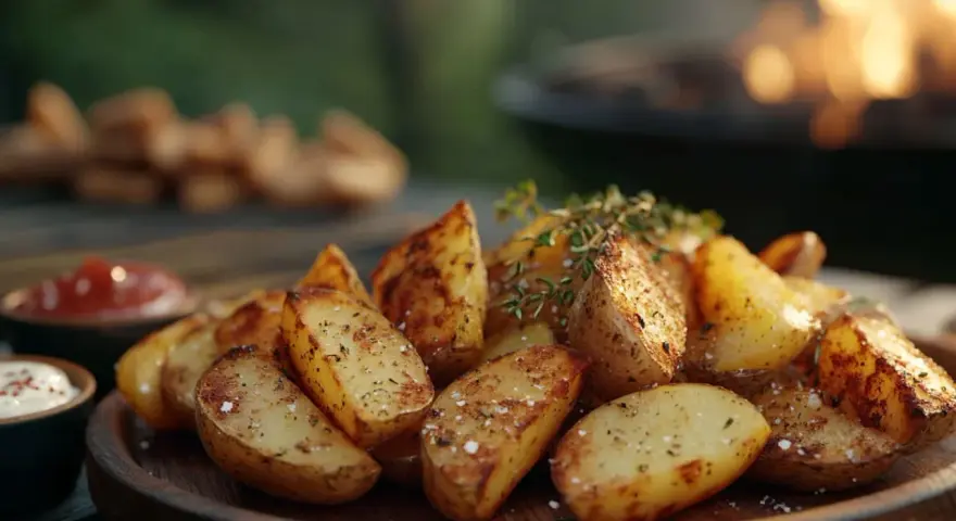 Knusprige kartoffelspalten ofen, garniert mit Kräutern, auf einem Holzteller. Im Hintergrund glüht ein Grill.