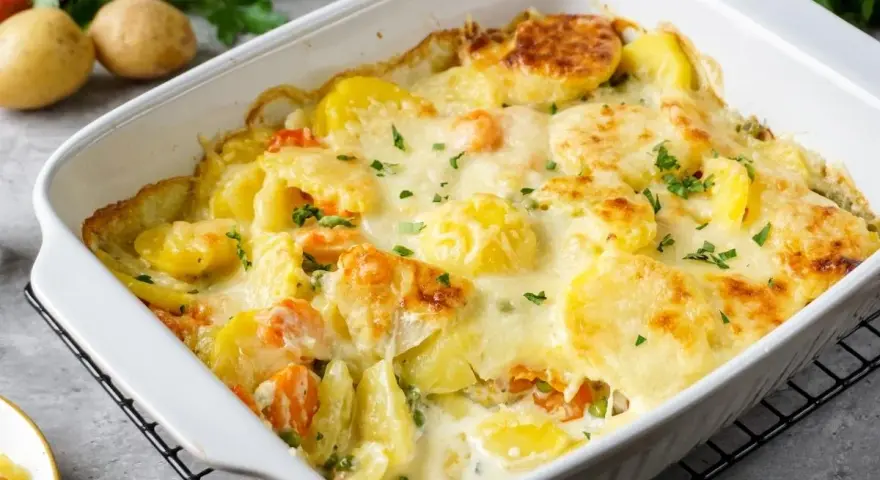 Ein köstlicher vegetarischer Auflauf mit Kartoffeln, Karotten und Erbsen, überbacken mit Käse und garniert mit Petersilie.
