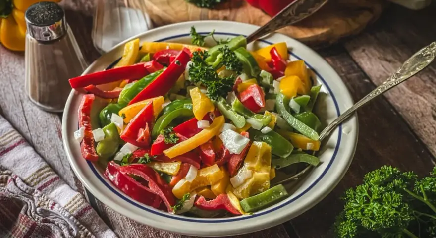 Bunter Paprika Salat mit frischer Petersilie, serviert auf einem rustikalen Holztisch.