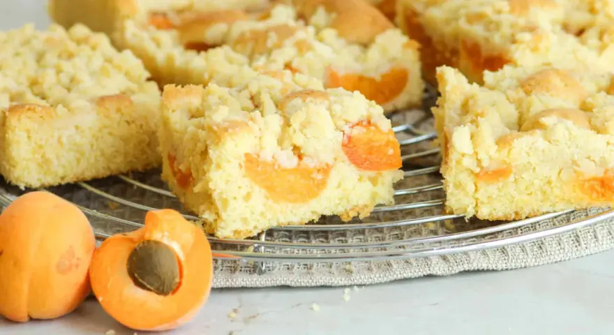 Saftiger aprikosenkuchen mit Streuseln, frisch gebacken und auf einem Gitterrost abgekühlt. Daneben liegen zwei saftige Aprikosen.