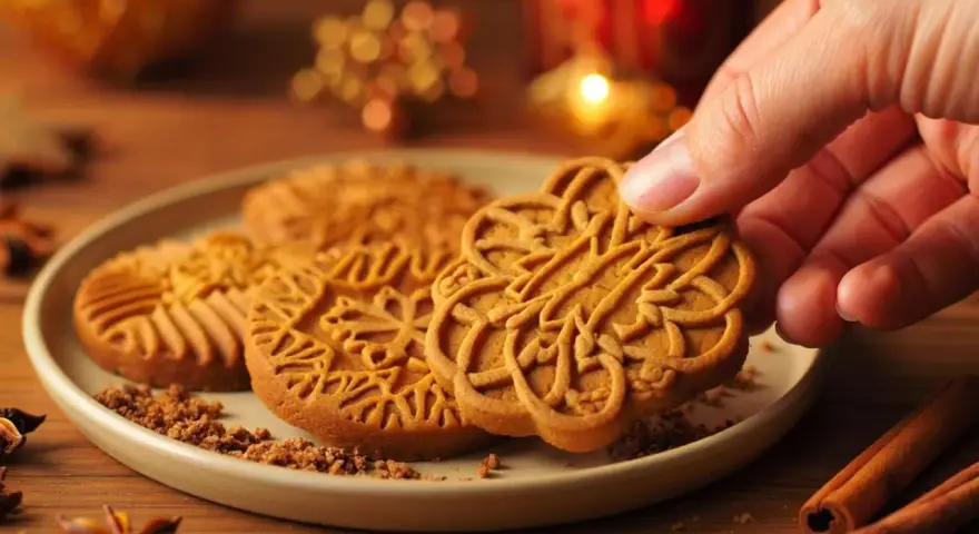 Ein Finger greift nach einem kunstvoll verzierten Spekulatius. Selbstgemacht schmecken diese Plätzchen am besten!
