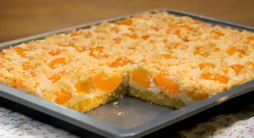 Ein saftiger Quark Streuselkuchen mit Aprikosen, frisch aus dem Ofen.