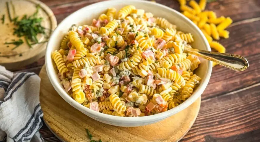 Ein cremiger, sommerlicher Nudelsalat mit Spiralnudeln, Schinkenwürfeln und Erbsen, garniert mit frischen Kräutern. Perfekt für warme Tage!